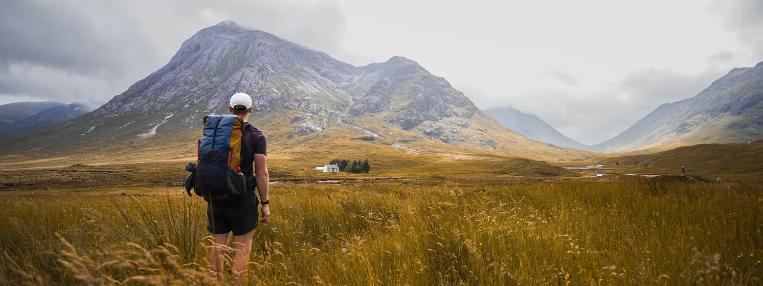 Looking across Glen Coe toward Buachaille Etive M&ograve;r under heavy cloud